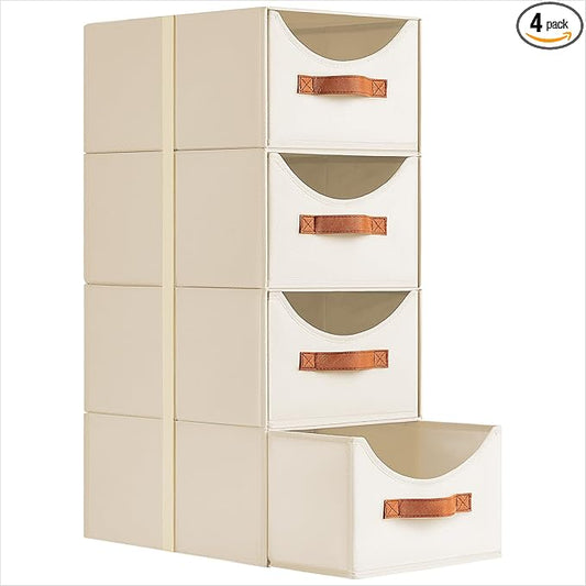 Homsorout Stackable Storage Drawers - Collapsible Storage Bins with Drawers, 4 Pack Closet Shelf Organizer Basket, Fabric Pull Out Organizer for Bedroom, Living Room, Dorm, Beige