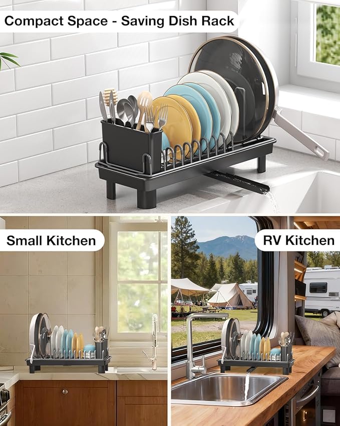 Small Dish Drying Rack Carbon Steel Dish Rack Rustproof for Kitchen Counter Compact Dish Drainer with Adjustable Slots for Small Kitchens & Apartments 16.5×6.5×7inch Black - Image 8