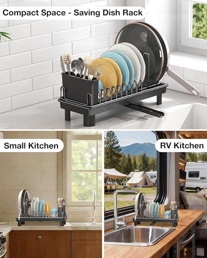 Small Dish Drying Rack Carbon Steel Dish Rack Rustproof for Kitchen Counter Compact Dish Drainer with Adjustable Slots for Small Kitchens & Apartments 16.5×6.5×7inch Black - Image 8