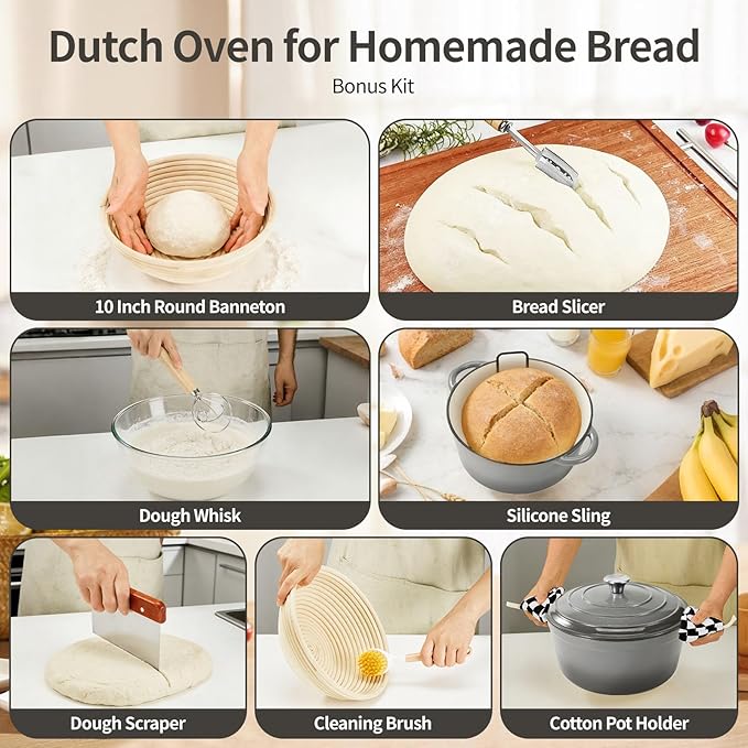Enameled Cast Iron Dutch Oven with Lid -6.5 QT, incl. Sourdough Bread-Baking Supplies like Banneton Proofing Basket, Heavy Duty Cookware Bread-Oven for Baking, Stews, and Roasting, Gray - Image 4
