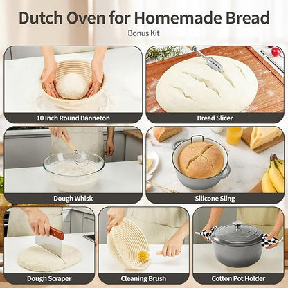 Enameled Cast Iron Dutch Oven with Lid -6.5 QT, incl. Sourdough Bread-Baking Supplies like Banneton Proofing Basket, Heavy Duty Cookware Bread-Oven for Baking, Stews, and Roasting, Gray - Image 4