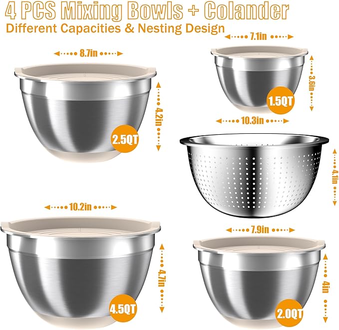 Mixing Bowls with Airtight Lids Set, 4 Stainless Steel Bowls Nesting Bowls & Colander, Kitchen Organizers and Storage Non-Slip Bottom, Size 1.5/2.0/2.5/4.5QT, Great for Mixing & Serving, Khaki - Image 2