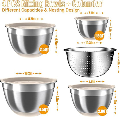 Mixing Bowls with Airtight Lids Set, 4 Stainless Steel Bowls Nesting Bowls & Colander, Kitchen Organizers and Storage Non-Slip Bottom, Size 1.5/2.0/2.5/4.5QT, Great for Mixing & Serving, Khaki - Image 2