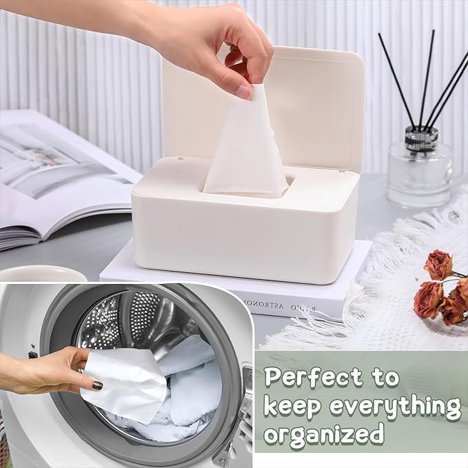 Newtay Dryer Sheet Holder with Hinged Lid,Plastic Dryer Sheet Dispenser Container Storage Box Fabric Softener Sheets Holder for Laundry Room Decor(White)