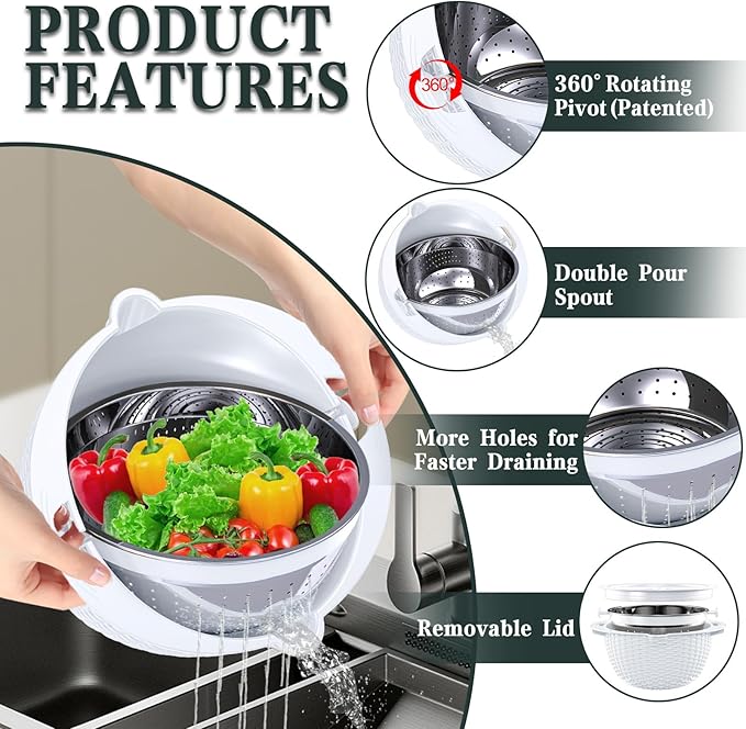 4-1 Colander with Bowl Set - Rotatable Colander for Kitchen(Patented) - Strainers and Colanders - Pasta Strainer with New Upgraded Graters for Fruit Veggie Fun Kitchen Presents - White - Image 3