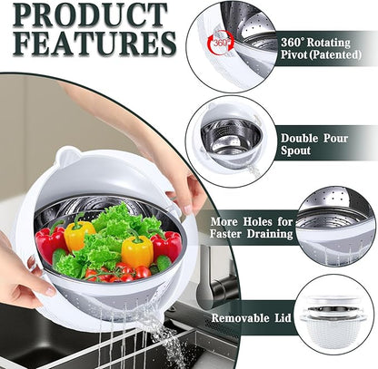 4-1 Colander with Bowl Set - Rotatable Colander for Kitchen(Patented) - Strainers and Colanders - Pasta Strainer with New Upgraded Graters for Fruit Veggie Fun Kitchen Presents - White - Image 3