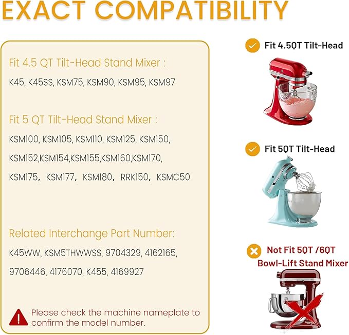 K45WW 6 Wire Whip for 4.5 5 QT KitchenAid Tilt-Head Stand Mixer，Whisk Attachment Fits Kitchen Aid, Compatible with Kitchen Aid Accessories K45,K45SS,KSM90,KSM110,KSM150 (Handwash Only)