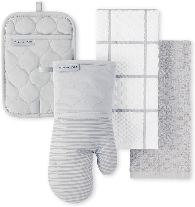 KITCHENAID Quilted Cotton Terry Cloth Oven Mitt, Pot Holder, Kitchen Towel 4-Pack Set, Heat Resistant, Silicone Grip, 16"x26", 7"x13" & 7"x10", Matte Grey by KitchenAid