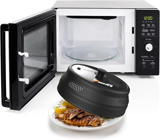Collapsible Microwave Cover for Food - Silicone and Glass Splatter Guard Lid for 6-12 inch Plates & Bowls, Dishwasher Safe, Heat Resistant, BPA-Free, Black - Image 2
