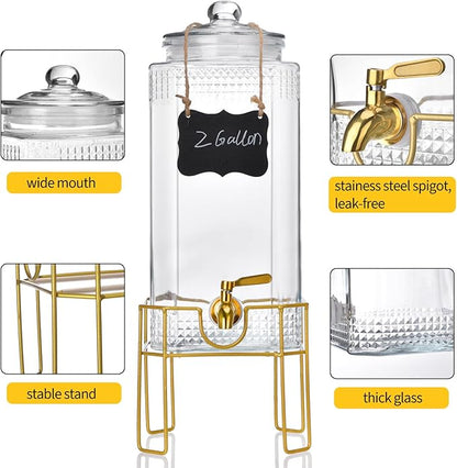 Drink Dispenser,2 Gallon Drink Dispensers for Parties,Beverage Dispenser with Stand,Glass Lid and Stainless Steel Spigot Leak-proof, Ideal for Lemonade,Juice, Tea, and Party Drinks - Image 2