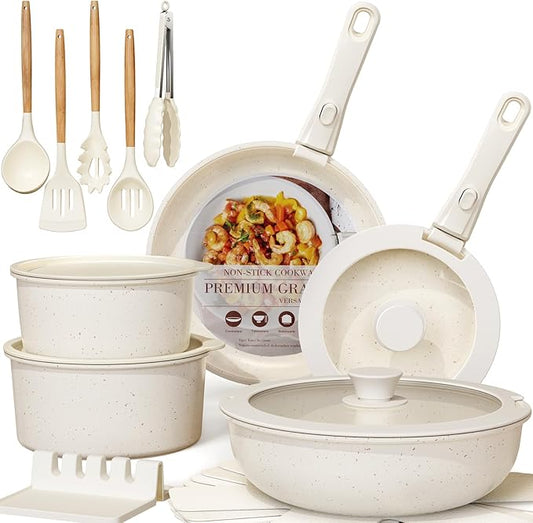 Astercook 21 Pcs Pots and Pans Set Non Stick, Ceramic Cookware Set Detachable Handle, RV Kitchen Cooking Set Removable Handles, Oven Safe, Induction Ready, Stackable, Cream White, Mothers Day Gifts by Astercook