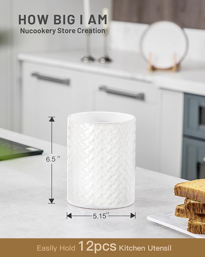 Nucookery 6.4'' Utensil Holder - Ceramic Utensil Holder for Kitchen Counter, Large Capacity Countertop Storage, Farmhouse Style Utensil Crock Organizer for Spoons, Spatulas & Cooking Tools - Image 2