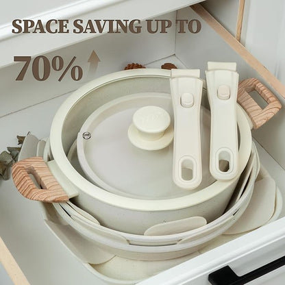 23Pcs Ceramic Cookware Set Non Stick Pots and Pans Set Non Toxic with Detachable Handle Induction Kitchen Cookware Set Space Saving, Oven & Dishwasher Safe, Cream White