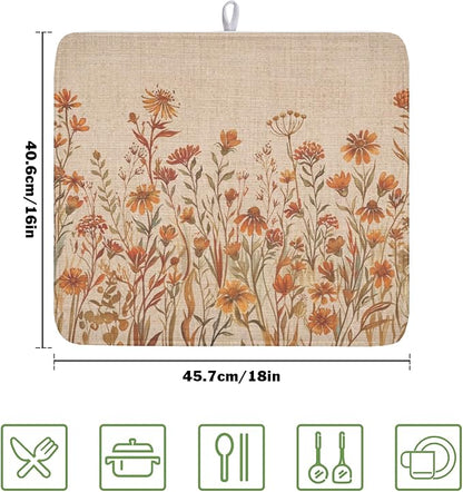 Fall Floral Dish Drying Mat for Kitchen Counter 16 x 18 Inch Autumn Sunflower Dish Drainer Mat Absorbent Microfiber Thanksgiving Dish Rack Pad for Coffee Dining Bar Kitchen Decor