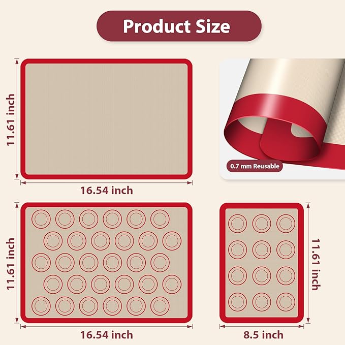 Macaron Silicone Baking Mats, 3 PCS Non Stick Macaroon Mat Silicone for Macarons, Cookie, Pastry, Red - Image 2