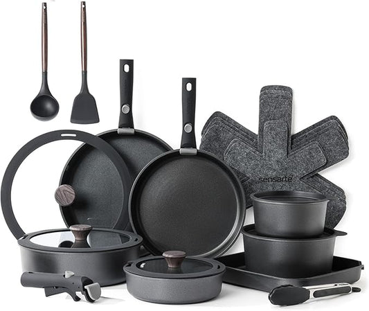 SENSARTE 24 Piece Pots and Pans Set, Nonstick Detachable Handle Cookware, Induction Kitchen Cookware Set with Removable Handle, Healthy Non Stick for RV, Dishwasher＆Oven Safe (Black)