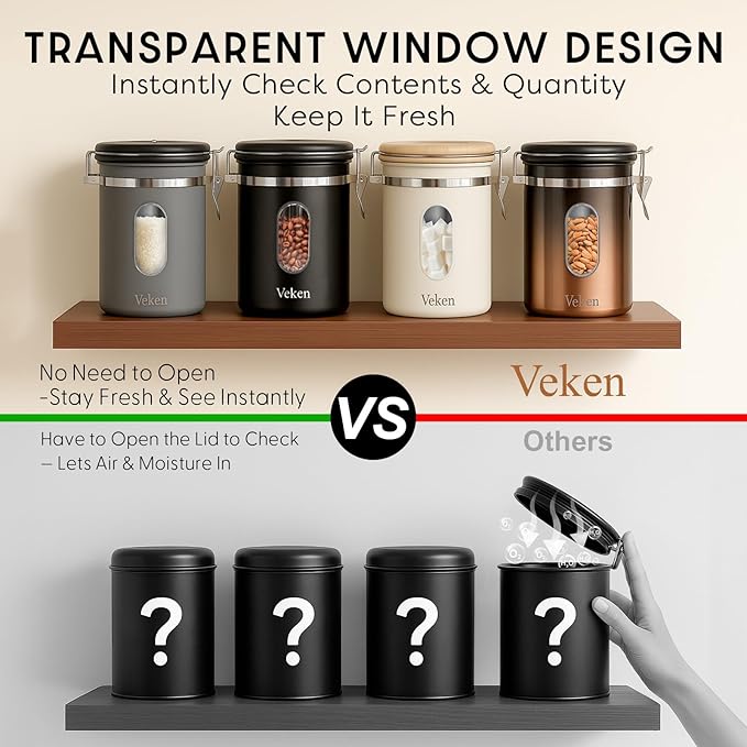 Veken Coffee Canister with Window,Airtight Stainless Steel Kitchen Food Storage Container, Date Tracker & Scoop for Grounds Coffee, Beans, Tea, Flour, Cereal,Sugar,22OZ,Grey (Pack of 2) - Image 2