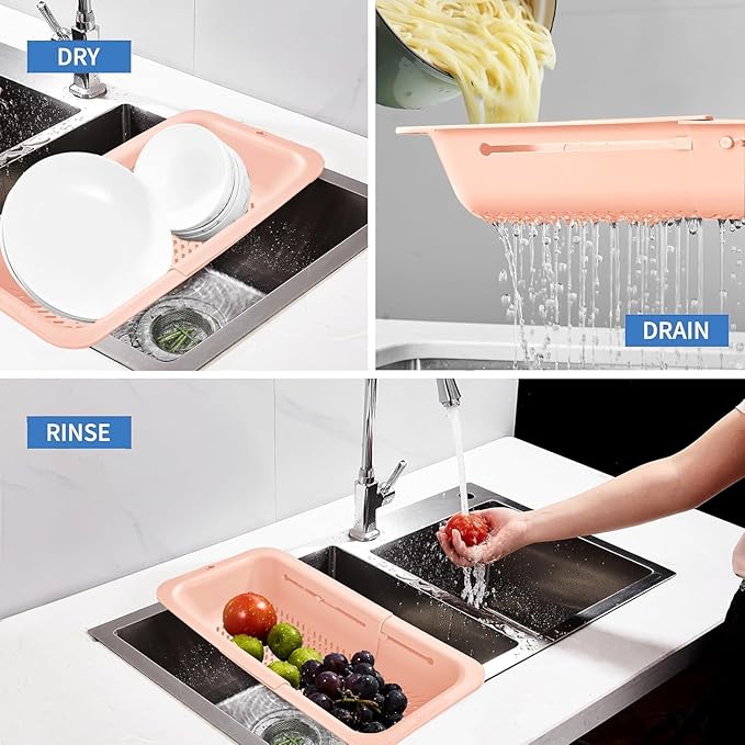 LASSHSWA Collapsible Colander for Kitchen, Over the Sink Strainer Basket for Kitchen, Fruit Pasta Food Strainer Expandable Plastic Colander BPA Free (Orange Pink) - Image 3