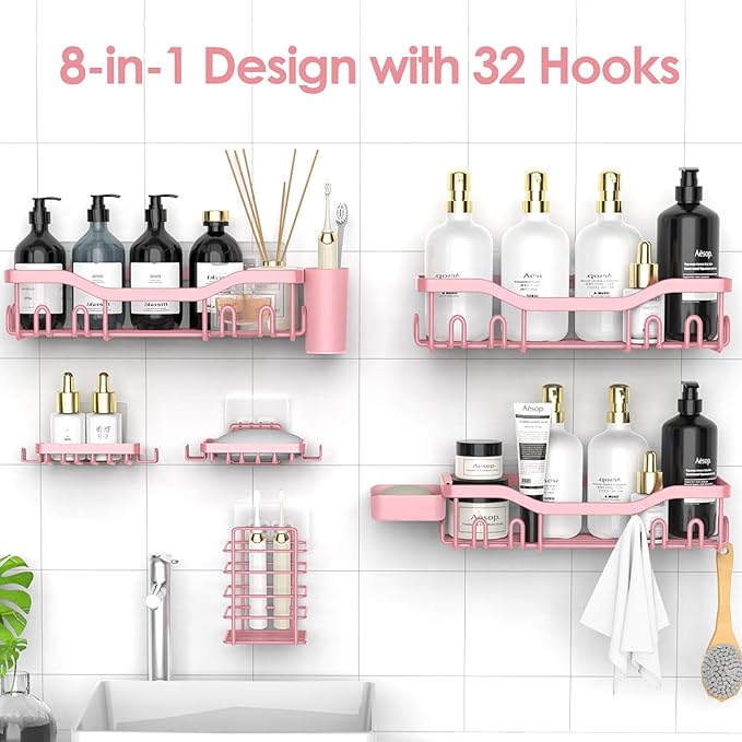 NESOMI Shower Caddy Adhesive Shower Organizer 8-Pack, Rustproof Stainless Steel Bathroom Shelves, Large Capacity No-Drill Rack Storage Accessories with Soap Dish Toothbrush Holder Hooks - Image 4