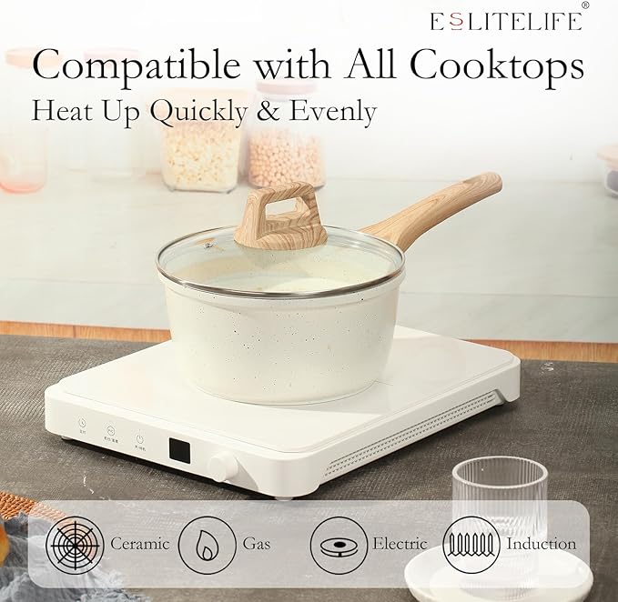 ESLITE LIFE Nonstick Sauce Pan with Lid, 2.5 QT Small Soup Pot Compatible with All Stovetops (Gas, Electric & Induction), PFOA Free, White - Image 4