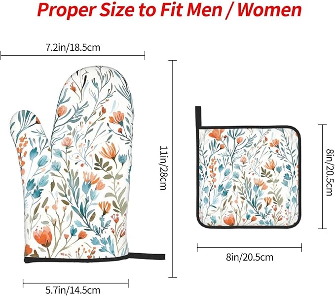 Teal Orange Watercolor Floral Oven Mitts and Pot Holders Sets of 3, Heat Resistant Non-Slip Washable, Chef Cooking Baking Gifts for Women Bakers, Burnt Orange Blue Green Flowers Charming Kitchen Decor - Image 8