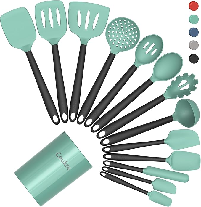 Coukre Silicone Kitchen Cooking Utensils Set with Holder – Heat-Resistant, Food-Grade Kitchen Tools, Spatula, Spoon & Gadgets for Non-Stick Pans, Dishwasher Safe (14, AquaGreen) by Coukre