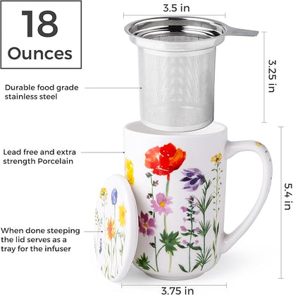 AmorArc Porcelain Tea Mug with Infuser and Lids, 18 Oz Coffee Cup Strainer with Bag Holder for Loose Leaf Tea, Tea Steeping Coffee Mug for House-warming Wedding Birthday Gift