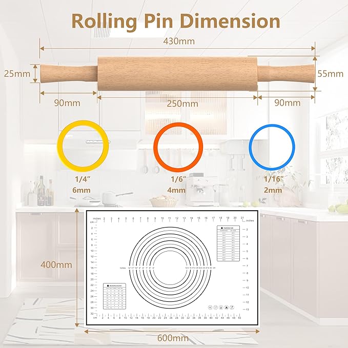 Classic Wooden Rolling Pin with Handle and Pastry Mat for Fondant, Pizza, Pies, Cookies, Rolling Pin for Baking with 3 Multi-Color Thickness Rings, 17" x 2.5" Natural Beechwood - Image 4