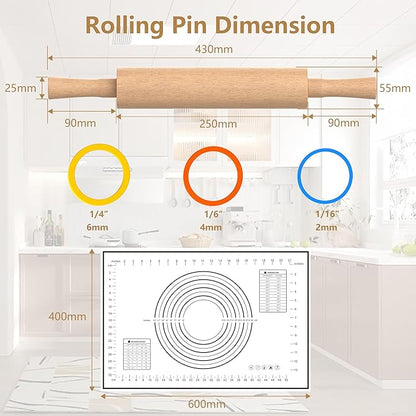 Classic Wooden Rolling Pin with Handle and Pastry Mat for Fondant, Pizza, Pies, Cookies, Rolling Pin for Baking with 3 Multi-Color Thickness Rings, 17" x 2.5" Natural Beechwood - Image 4