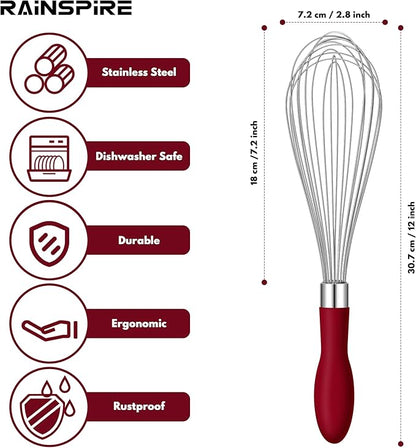 Rainspire 12-Inch Wire Whisk Stainless Steel, Balloon Whisks for Cooking, Wisk Wisking Tool With Soft Silicone Handle, Thick Durable Whisker for Blending, Beating, Whisking, Stirring, Red - Image 2