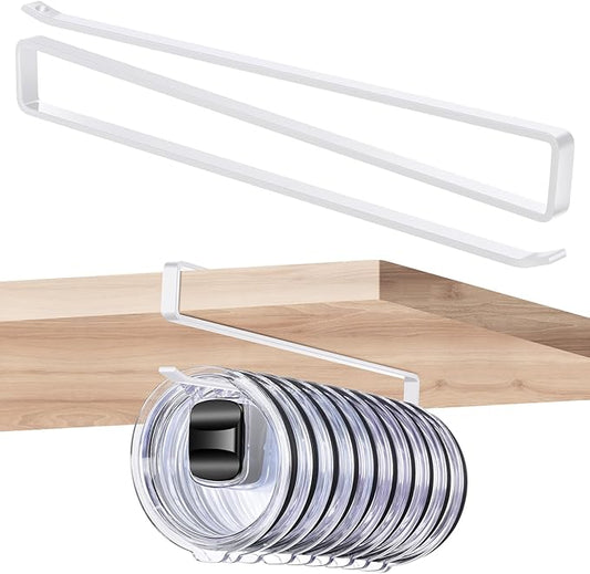 Cup Lid Organizer, Tumbler Lid Holder for 12 Lids Under Cabinet, Space Saving Hook for Kitchen Storage, No Drilling, Carbon Steel, White
