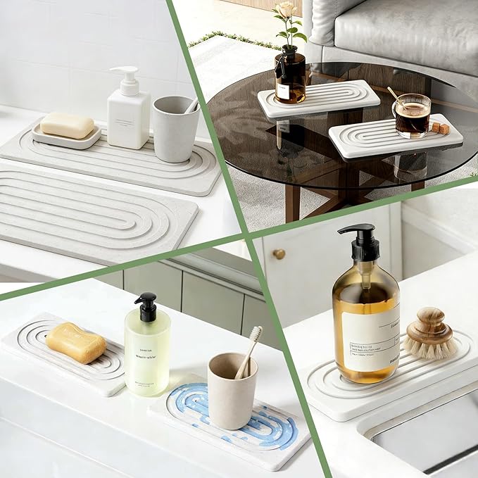 2 PCS Water Absorbing Diatomite Coasters, Stone Drying Mat for Kitchen Counter, Quick Dry Stone Mat Trays for Bathroom Kitchen Counter, Soap Dish Tray Used for Hand Soaps (White, 8.3" x 4") - Image 6