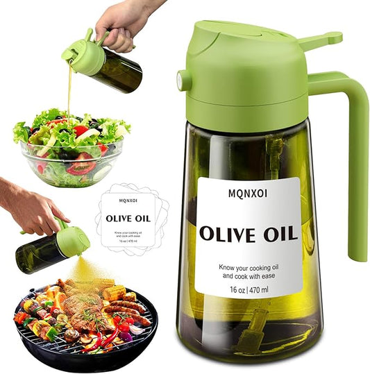 mqnxoi Oil Sprayer for Cooking, 2 in 1 Olive Oil Dispenser Bottle for Kitchen, 16oz/470ml Premium Glass, Food-grade Oil Mister for Air Fryer, Salad, Frying, BBQ (Green + Dark Green Bottle) by Unknown