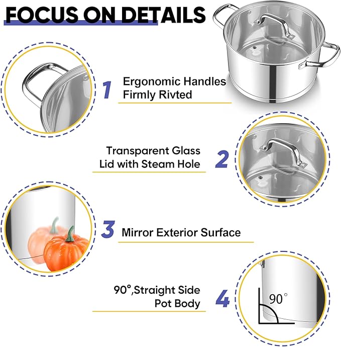 TeamFar 8QT Stock Pot with Lid, Stainless Steel Tri-ply Bottom Cooking Pot for Vegetable Pasta Soup, Works with Induction/Gas/Glass/Ceramic Stoves, Non-toxic & Sturdy, Straight Side & Riveted Handles - Image 3