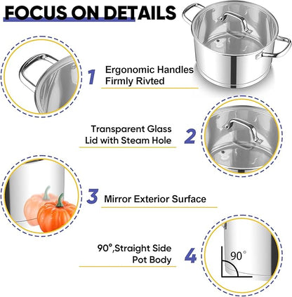 TeamFar 8QT Stock Pot with Lid, Stainless Steel Tri-ply Bottom Cooking Pot for Vegetable Pasta Soup, Works with Induction/Gas/Glass/Ceramic Stoves, Non-toxic & Sturdy, Straight Side & Riveted Handles - Image 3