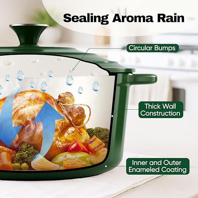 4.5 Quart Dutch Oven Pot with Lid, Non Stick Enameled Cast Iron Dutch Oven for Bread Baking, Heavy-Duty, Oven Safe Ceramic Cookware Up to 500°F for Baking, Braising, Stews, Roasting, Green - Image 7