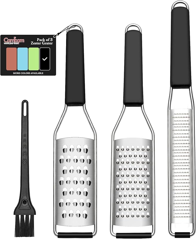 Cambom Lemon Zester Grater Three-piece Suit - Heavy Duty Kitchen Tool for Parmesan Cheese, Ginger, Garlic, Nutmeg, Chocolate, Vegetables，Fruits，Stainless Steel Grater Dishwasher Safe Black by Cambom