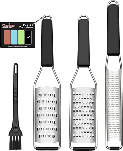 Cambom Lemon Zester Grater Three-piece Suit - Heavy Duty Kitchen Tool for Parmesan Cheese, Ginger, Garlic, Nutmeg, Chocolate, Vegetables，Fruits，Stainless Steel Grater Dishwasher Safe Black by Cambom