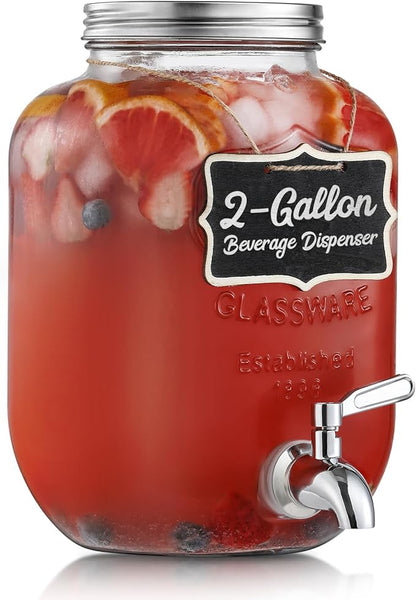 2 Gallon Glass Beverage Dispenser, 18/8 Stainless Steel Spigot and Lid - Glass Drink Dispensers for Parties - Mason Jar Drink Dispensers with Lids - Laundry Detergent Holder by NETANY