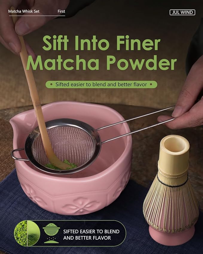 Matcha Whisk Set, Ceramic Matcha Set Includes Bowl with Spout, Whisk and Holder, Bamboo Scoop, Sifter and Tea Towel - 6 Pcs Matcha Kit Gift for Lovers Beginners (Pink) - Image 4
