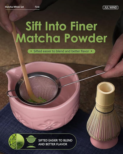 Matcha Whisk Set, Ceramic Matcha Set Includes Bowl with Spout, Whisk and Holder, Bamboo Scoop, Sifter and Tea Towel - 6 Pcs Matcha Kit Gift for Lovers Beginners (Pink) - Image 4