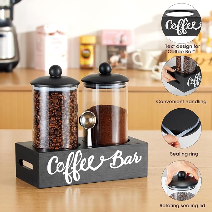 Yangbaga Glass Sugar Coffee Canister for Ground Coffee,2×55OZ Coffee Containers with Handle Shelf Coffee Bar Station Accessories Organizer Decor,Food Storage Jars with Iron Scoop for Kitchen - Image 3