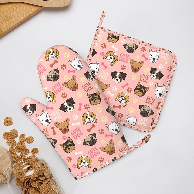 Cute Dog Oven Mitts and Pot Holders Set, Puppy Kitchen Accessories Heat Resistant to 500°F, Non-Slip Silicone Grips for Baking, Cooking, Grilling, BBQ - Gift for Dog Lovers