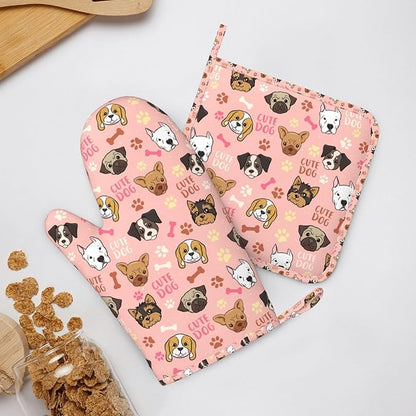 Cute Dog Oven Mitts and Pot Holders Set, Puppy Kitchen Accessories Heat Resistant to 500°F, Non-Slip Silicone Grips for Baking, Cooking, Grilling, BBQ - Gift for Dog Lovers