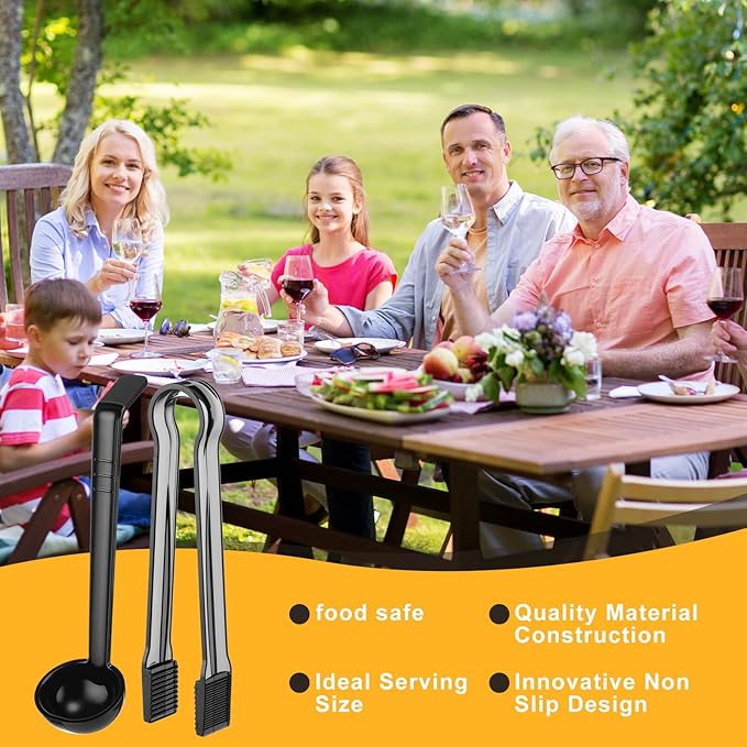 12 Pieces Plastic Serving Utensils Set Including 6 Pcs 1 oz Small Ladle and 6 Pcs Tong Acrylic Long Handle Ladle for Serving Sauce, Soup, Dressing, Punch Bowl, Gravy for Party Banquet Catering(Black) - Image 4