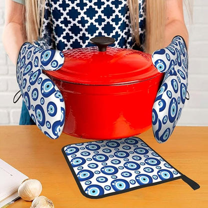 Blue Evil Eyes Oven Mitts and Pot Holders Sets of 3 Funny Hot Pads Heat Resistant Non Slip Washable for Cooking Grilling Baking BBQ Kitchen Decor - Image 7