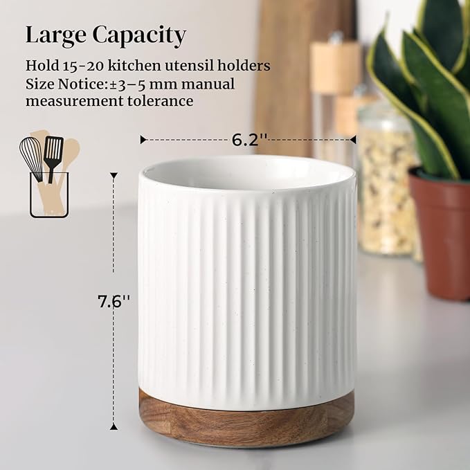 DOWAN 360° Rotating Extra Large Cooking Utensil Holder, 7.6" Kitchen Utensil Holder for Countertop, Utensil Crock for Farmhouse Kitchen Decor, Ceramic Stable Utensil Caddy, White Stripes - Image 2