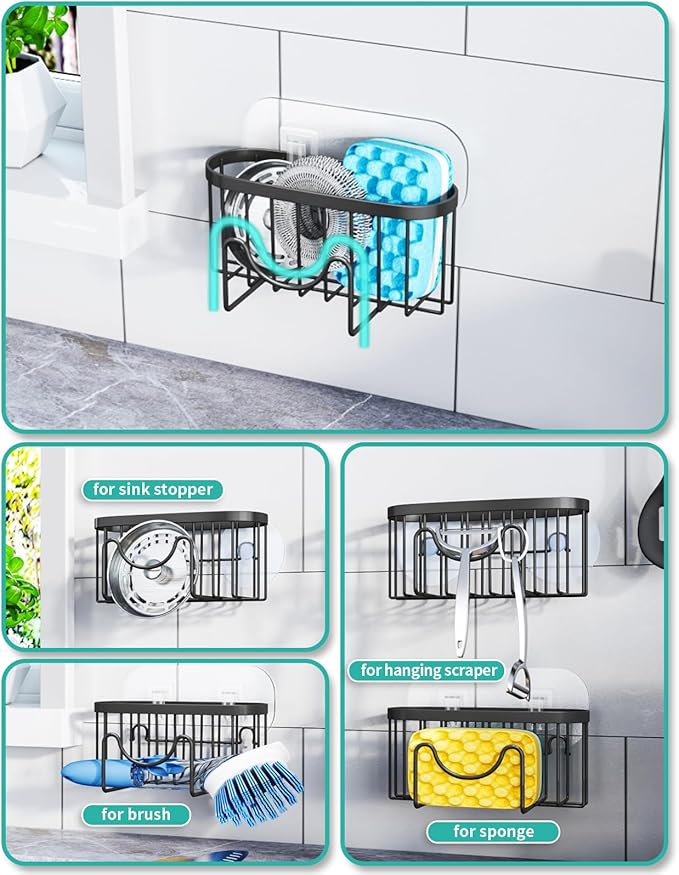 HapiRm Multifunctional Sponge Holder with Unique M-Shaped, 2 Installation Methods Kitchen Sink Caddy Organizer, Rustproof Stainless Steel Kitchen Organizers and Storage Essentials - Black - Image 2
