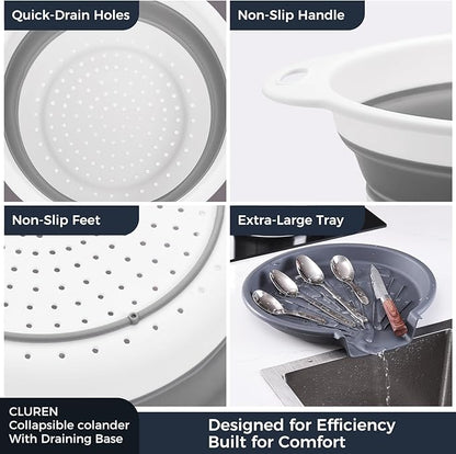 Collapsible Colander Set with Oversized Draining Tray | 3-Pack Foldable Kitchen Strainers + Base | Space Saving for Pasta, Veggies, Fruit & Rice | 5 Colors (Gray-White) - Image 6