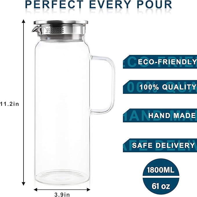 Set of 2 Glass Pitcher with Lid,2 Quart (64 oz / 1.9 Liter) Leak Proof,Glass Water Jugs, BPA-Free,Microwave & Dishwasher Safe Pitcher,Sun & Iced Tea, Sangria,Cold Brew Coffee & More - Image 2